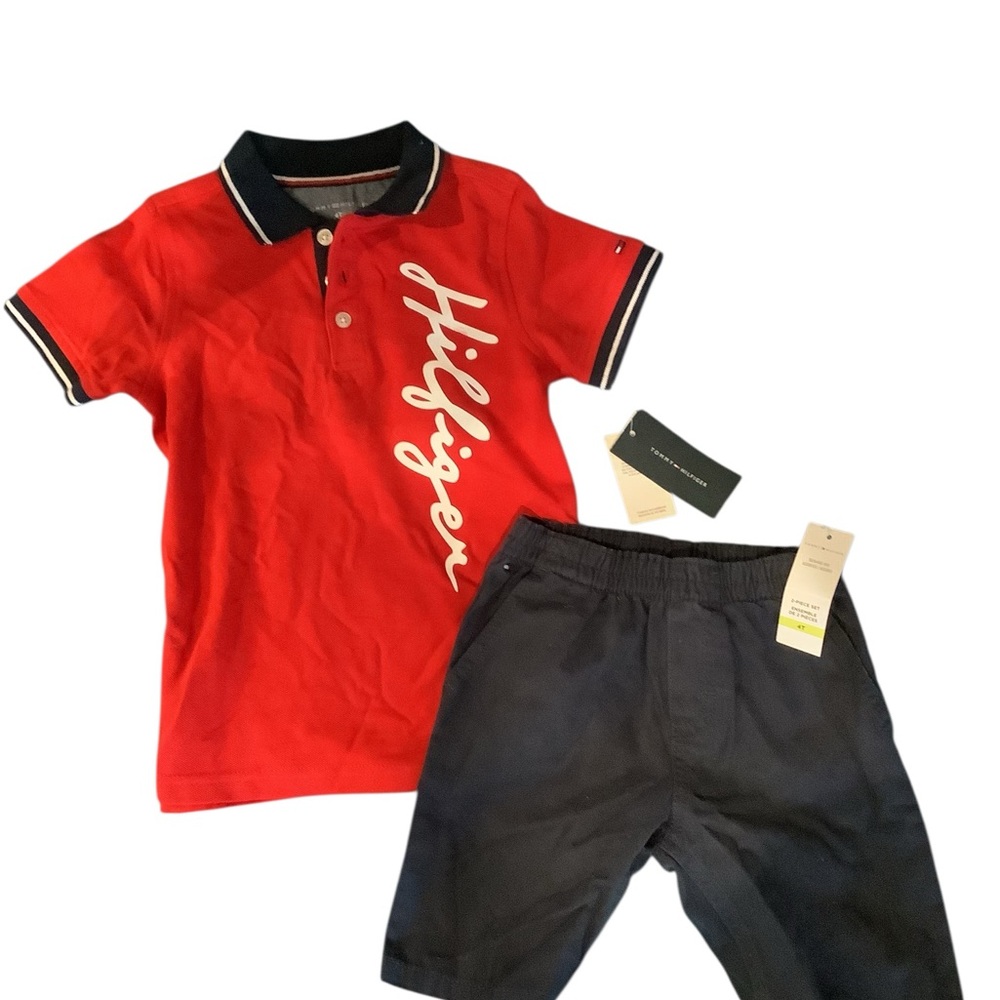 Tommy Hilfiger Toddlers Red Polo with Navy Accents & Navy Shorts Outfit